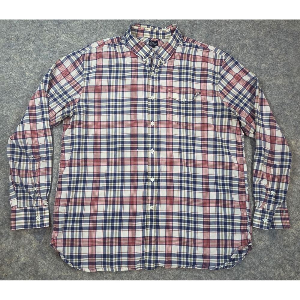 LL Bean Mens XL Plaid Button Down Shirt Long Sleeve Red Navy Cotton Freeport ME